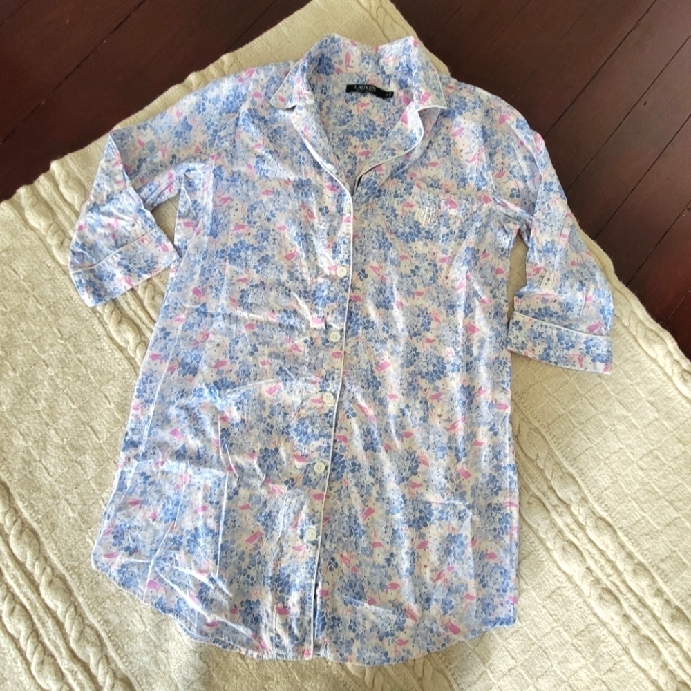 Lauren Ralph Lauren Classic Shirt Nightgown Button Down Floral size M Blue Pink